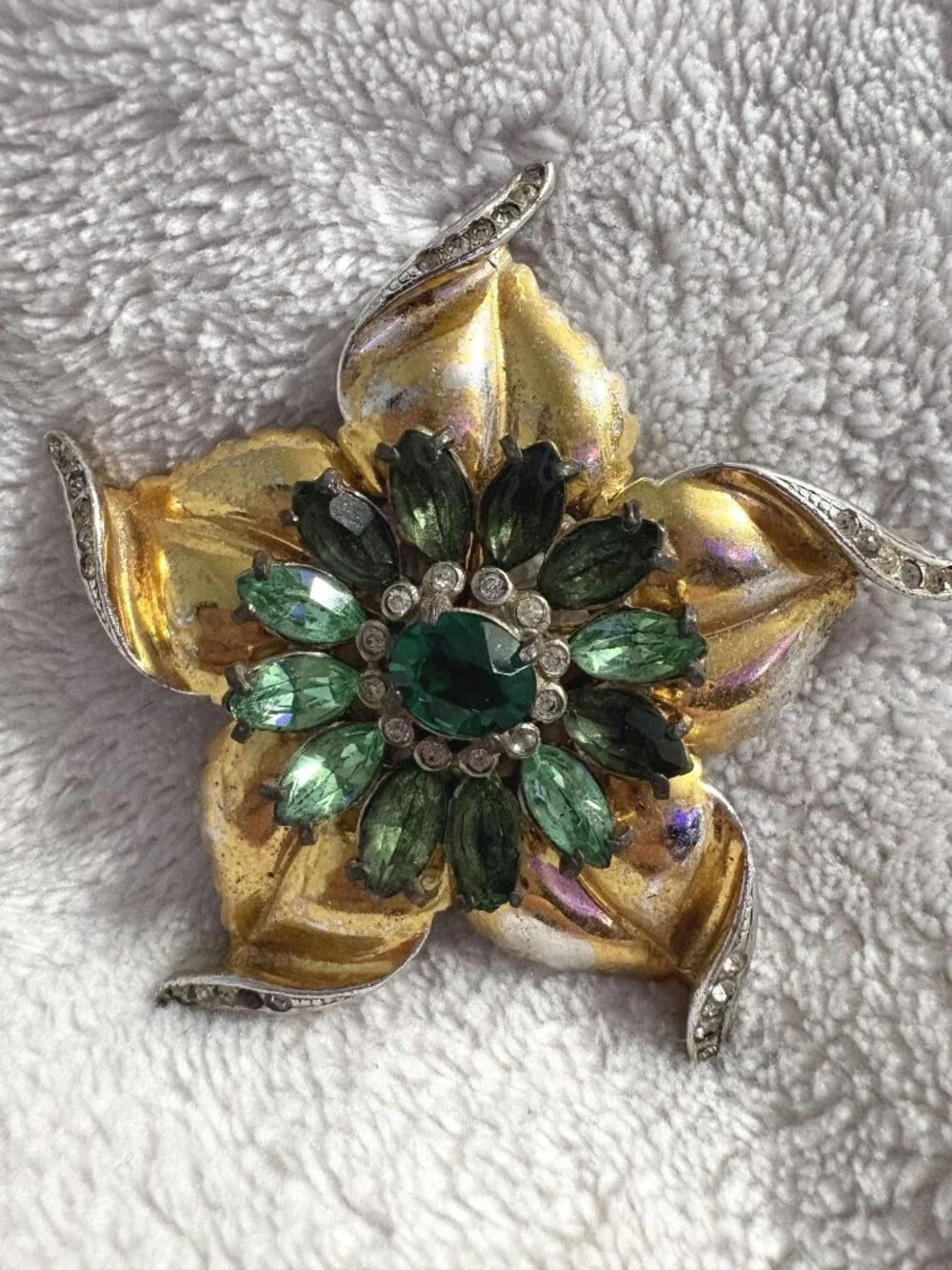 Vintage Mid Century Gold Tone Floral Brooch Green Marquise Rhinestone Flower Pin